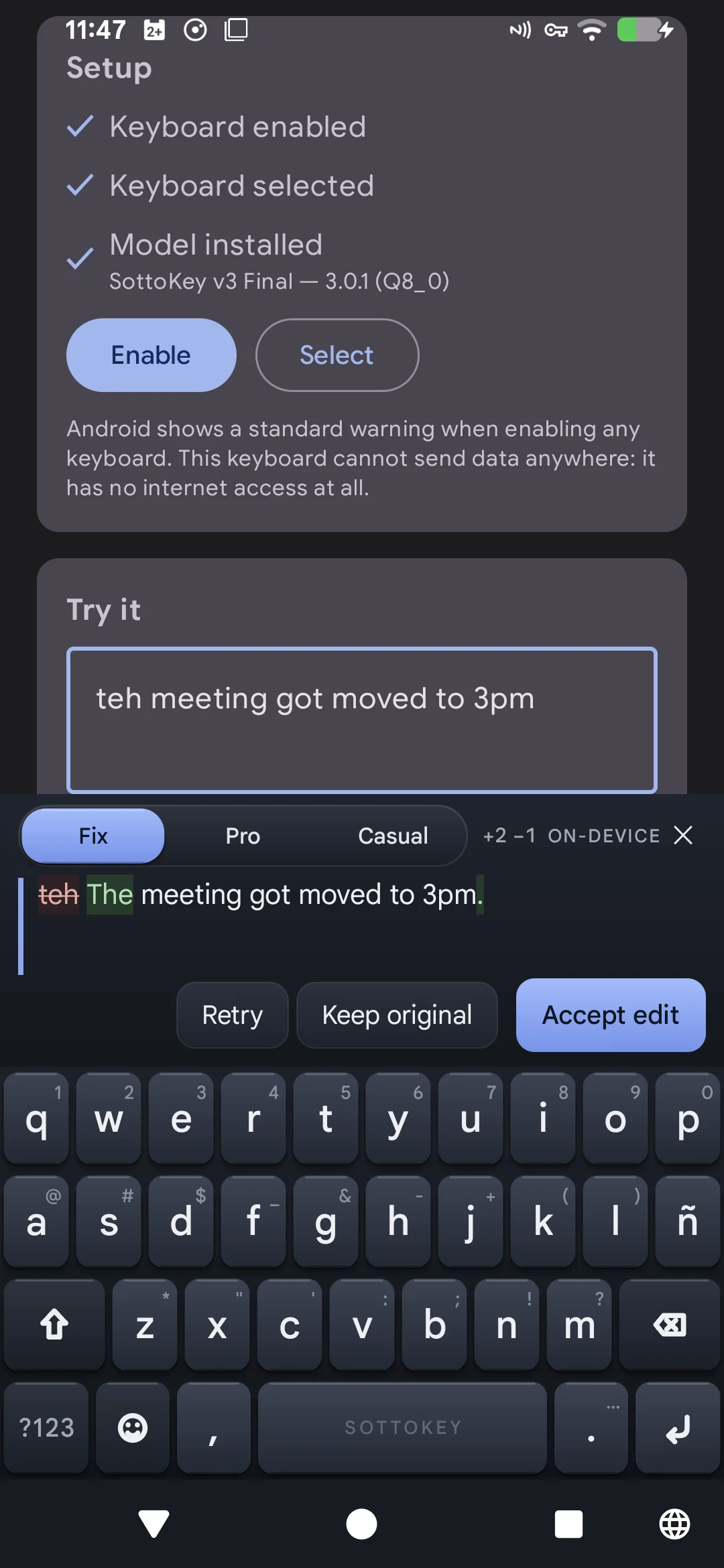 Current SottoKey rewrite panel showing a real device diff